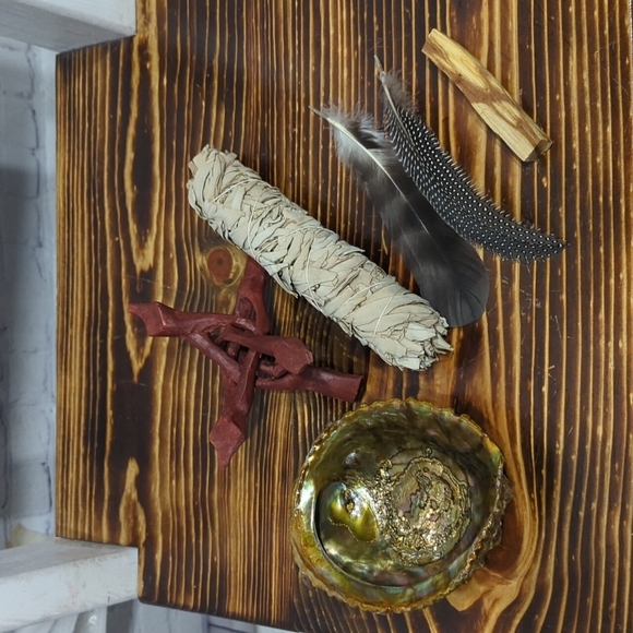 Handcrafted Sage and Polo Santo Smudge Kit w/ Wood Stand and Feathers. - Picture 2 of 3